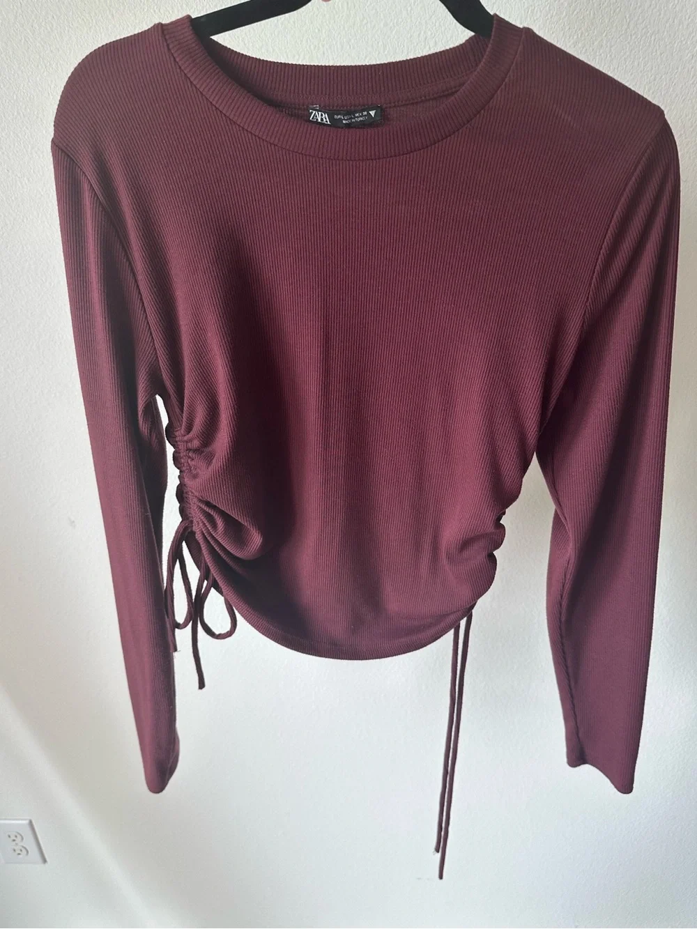 Zara Long-Sleeve Drawstring Crop Top in Burgundy